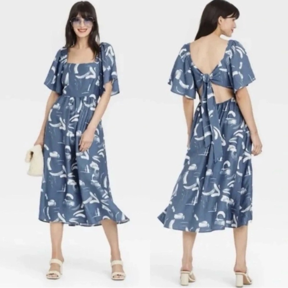 A New Day Blue and White Midi Sundress with Flutter Sleeves